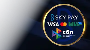 Изображение популярных платежных логотипов, таких как Visa, Mastercard и МИР, а также Sky Pay, подчеркивающее гибкость платежей в Казино Монро казино.
